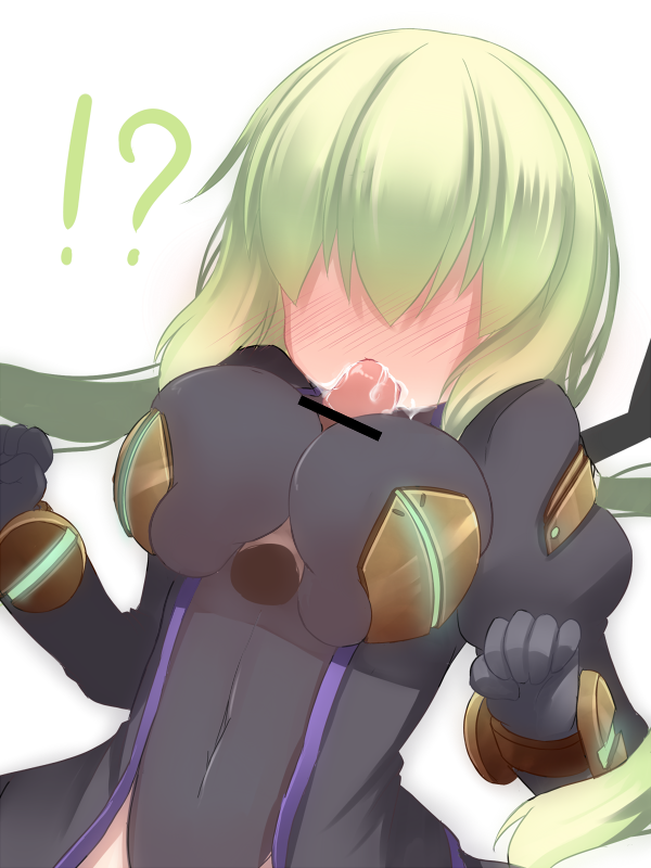 blush bodysuit censored fellatio green_hair long_hair nightmare_cat oral paizuri paizuri_over_clothes penis pixiv_mahou_gakuen