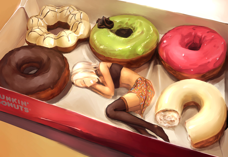 box doughnut dunkin'_donuts food icing minigirl original pastry_box personification sky341125290 sleeping solo sprinkles thighhighs white_hair