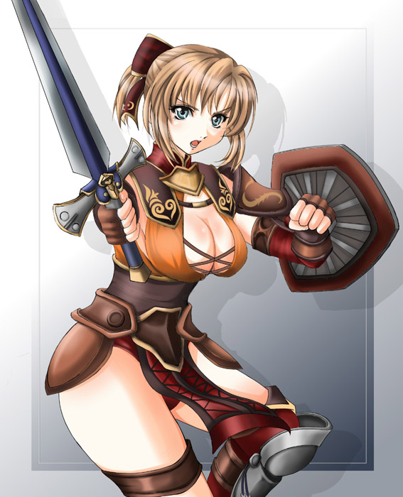 1041_(toshikazu) 1girl alternate_costume blonde_hair blue_eyes bow breasts cassandra_alexandra cleavage hair_bow looking_at_viewer open_mouth shield solo soul_calibur soulcalibur_iii standing sword thighs weapon