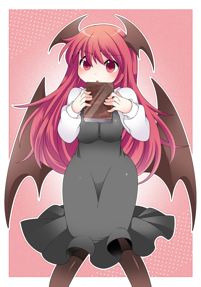 bat_wings black_dress book commentary dress dress_shirt embarrassed hammer_(sunset_beach) head_wings koakuma long_hair long_sleeves looking_at_viewer open_mouth pantyhose pink_background pornography red_eyes red_hair shirt solo touhou translated wings