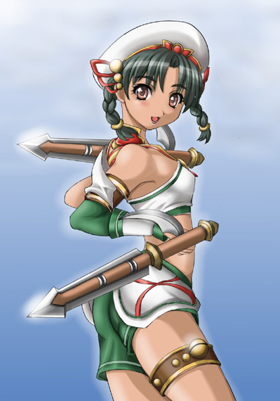 1041_(toshikazu) 1girl :d alternate_costume braid brown_eyes dual_wielding green_hair hat looking_at_viewer open_mouth smile solo soul_calibur soulcalibur_iii standing talim tonfa twin_braids twintails weapon