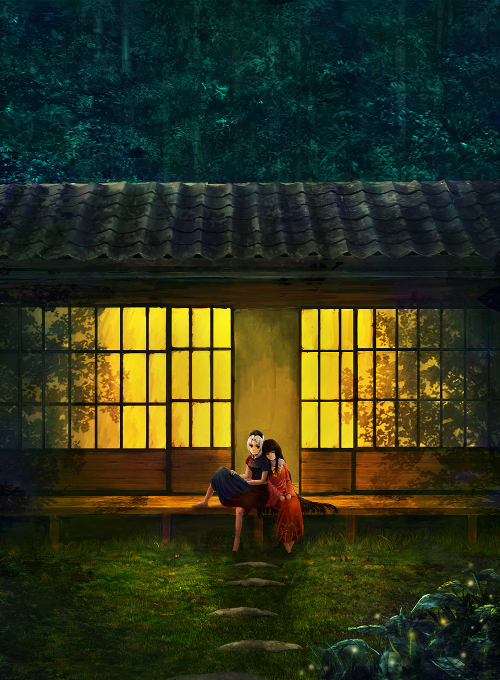 architecture bamboo bamboo_forest black_hair closed_eyes dress east_asian_architecture eientei fireflies forest grass hands_on_lap hat highres houraisan_kaguya leaning_on_person leg_up long_hair multiple_girls nature night nurse_cap plant qunqing rock scenery silver_hair smile touhou veranda very_long_hair yagokoro_eirin