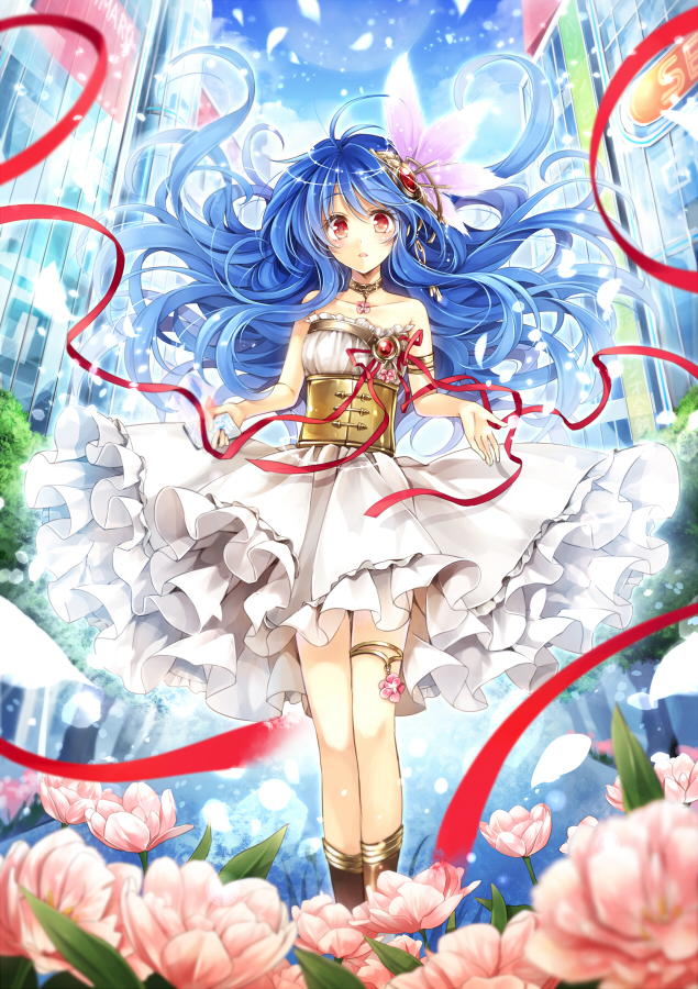 bare_arms bare_shoulders blue_hair brooch building choker collarbone corset dress flower hagiwara_rin hair_ornament jewelry legband long_hair looking_at_viewer open_mouth original pendant petals pink_eyes ribbon skyscraper solo strapless strapless_dress very_long_hair white_dress wind