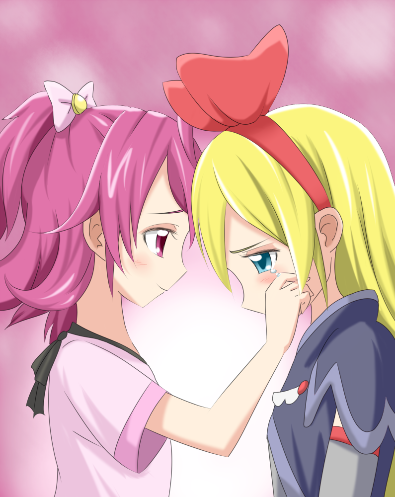 aida_mana blonde_hair blue_eyes blush dokidoki!_precure hairband half_updo hand_on_another's_face hiranotch light_smile long_hair multiple_girls pink_eyes pink_hair precure profile red_ribbon regina_(dokidoki!_precure) ribbon short_hair tears upper_body wiping_tears