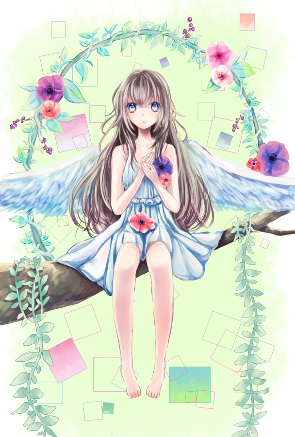 barefoot blue_eyes brown_hair dress flower long_hair original plant sitting solo tree_branch vines wings