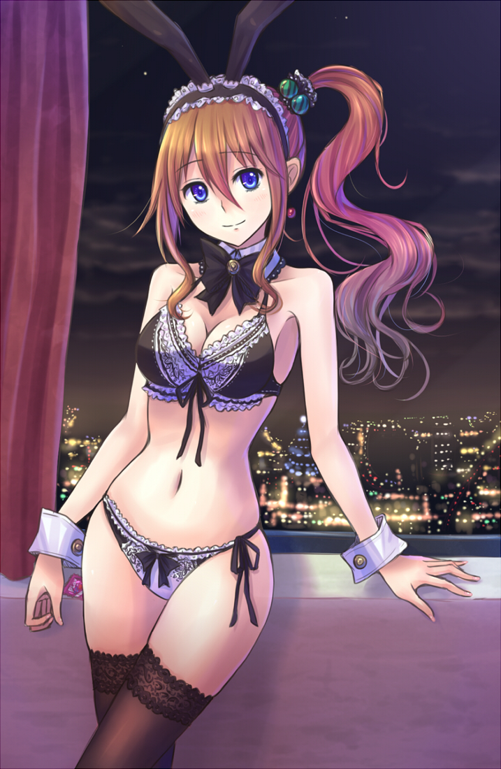 animal_ears bare_shoulders black_legwear blue_eyes blush bow bow_panties bra breasts brown_hair bunny_ears bunny_girl cityscape cleavage condom condom_wrapper detached_collar earrings front-tie_top hair_bobbles hair_ornament hairband jewelry lace lace-trimmed_bra lace-trimmed_panties lace-trimmed_thighhighs lingerie long_hair looking_at_viewer medium_breasts navel original panties side-tie_panties side_ponytail smile solo suikakitsu_shiro thighhighs underwear underwear_only wrist_cuffs xia_you_qing