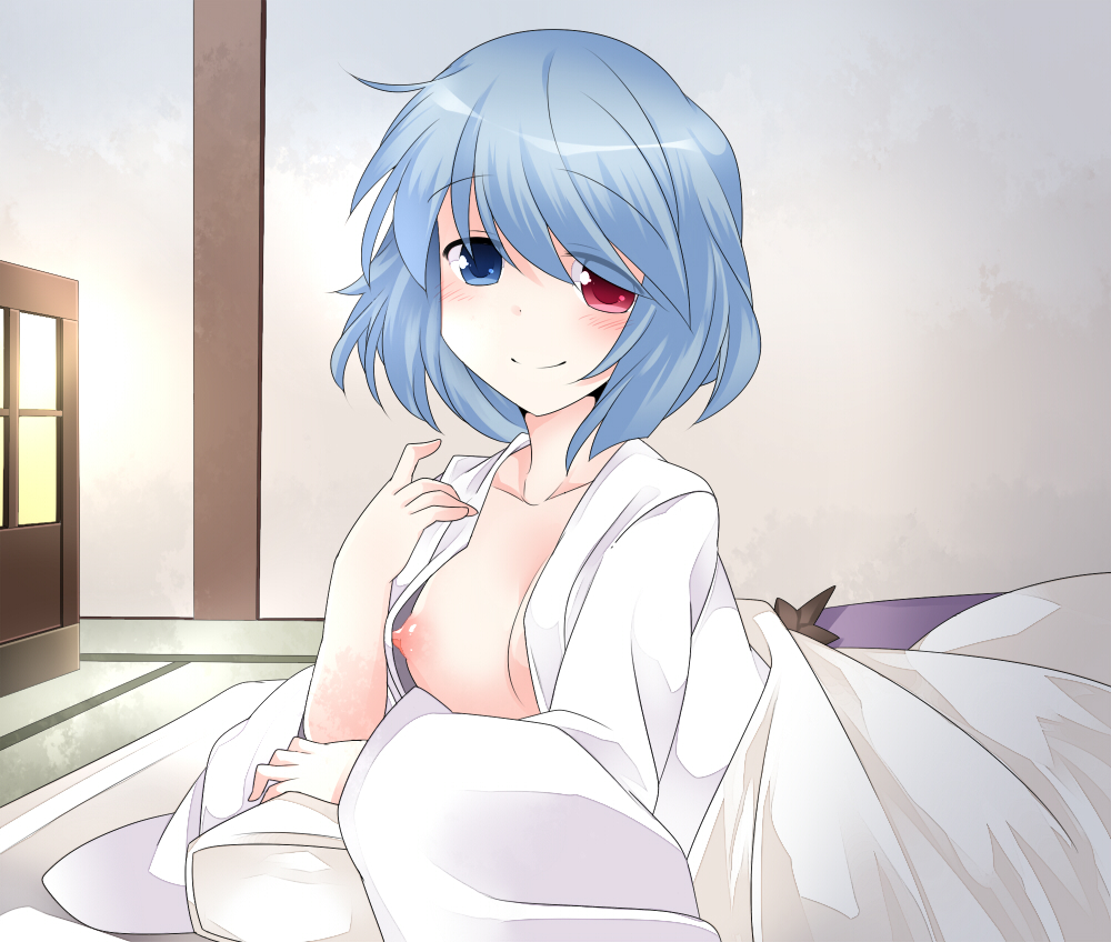 afterglow bad_id bad_pixiv_id blue_hair blush breasts collarbone commentary_request futon hammer_(sunset_beach) heterochromia japanese_clothes kimono looking_at_viewer nipples no_bra open_clothes open_kimono small_breasts smile solo tatara_kogasa touhou yukata