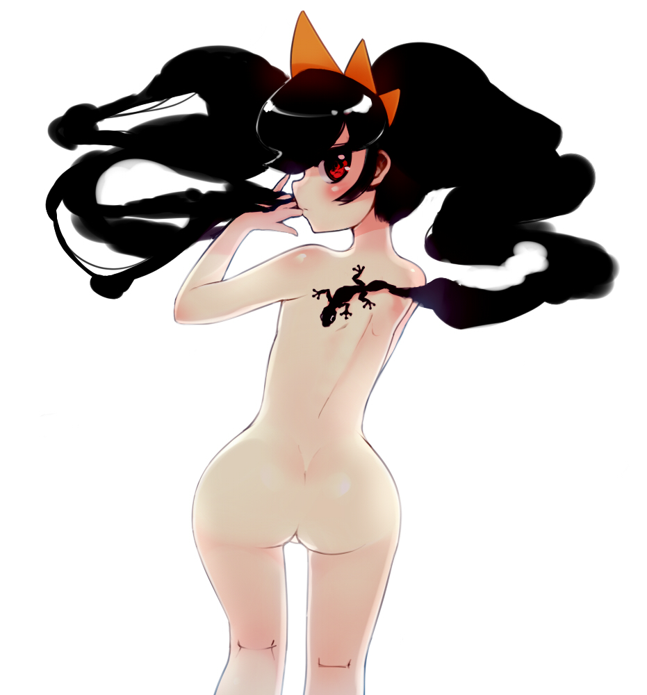 ashley_(warioware) ass back black_hair blush floating_hair from_behind hairband kneepits lizard long_hair looking_back nude orange_hairband rani red_eyes simple_background solo standing twintails warioware white_background wide_hips