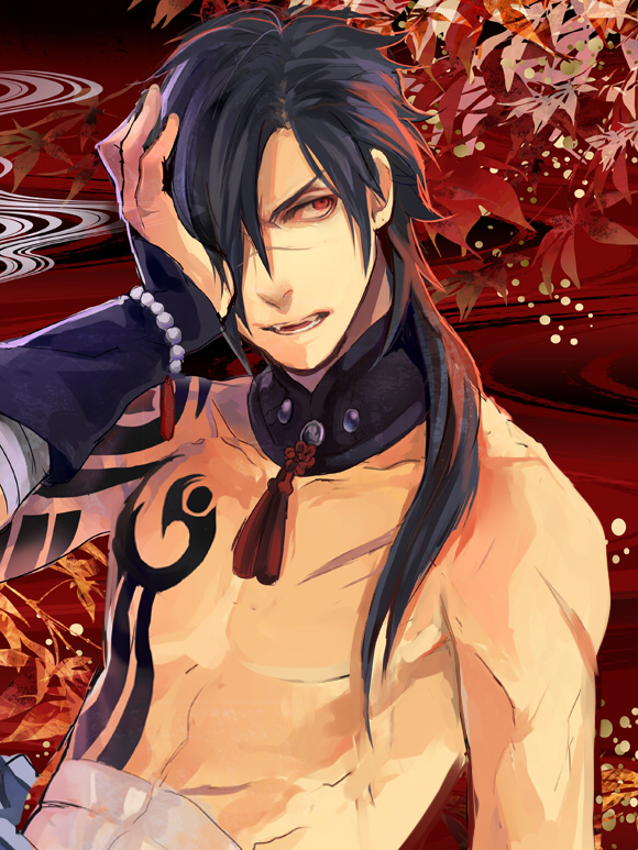bad_id bad_pixiv_id blue_hair dramatical_murder hair_over_one_eye hand_on_own_face koujaku male_focus megane_(artist) muscle ponytail red_eyes scar shirtless solo tattoo