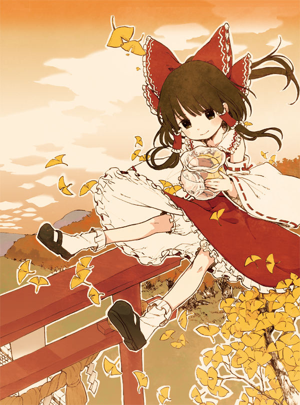 aquarium autumn bloomers bow brown_eyes brown_hair child cloud detached_sleeves forest ginkgo hair_bow hair_ribbon hair_tubes hakurei_reimu leaf long_hair looking_at_viewer mary_janes nature nontraditional_miko okari orange_sky ribbon scenery shoes skirt sky smile solo sunset torii touhou tree underwear
