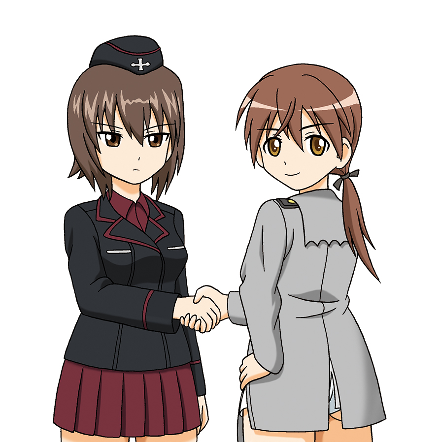 brown_hair crossover garrison_cap gertrud_barkhorn girls_und_panzer handshake hat hoshino_banchou military military_uniform multiple_girls nishizumi_maho strike_witches uniform world_witches_series