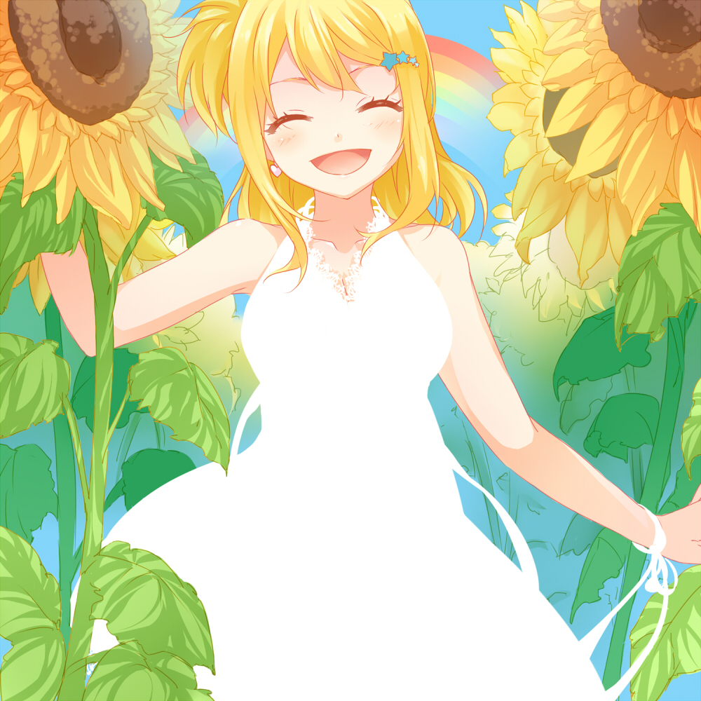 ^_^ blonde_hair closed_eyes dress earrings fairy_tail flower hair_ornament hairclip happy jewelry long_hair lucy_heartfilia one_side_up rainbow smile solo strib_und_werde sunflower