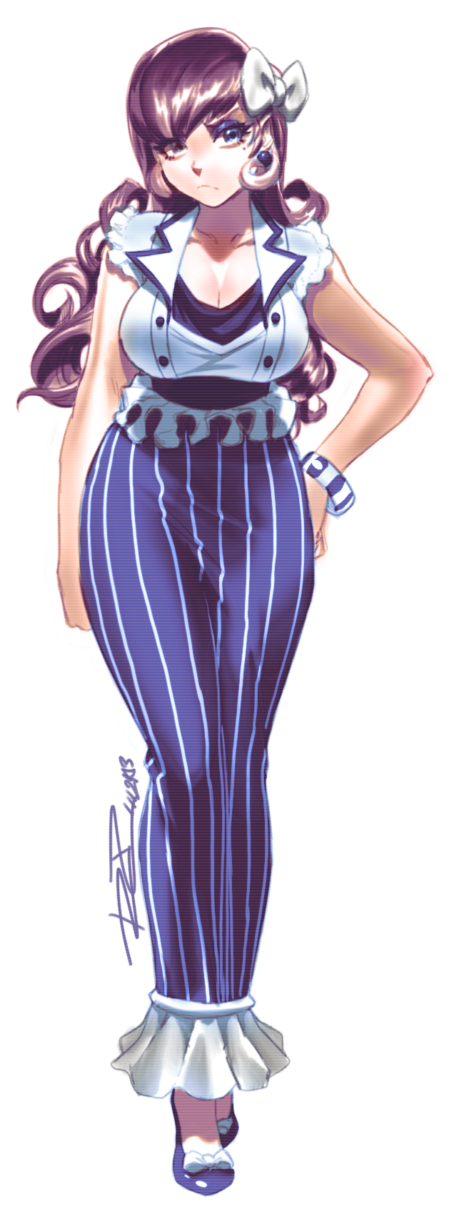 alternate_costume bliss_barson blue_eyes bow bracelet breasts brown_hair cleavage crossed_legs cryamore curly_hair curvy earrings eyelashes eyeshadow full_body hair_bow hand_on_hip high_heels highres hobble_skirt jewelry large_breasts long_hair makeup mole pinstripe_pattern robert_porter scanlines sleeveless solo standing striped vertical_stripes watson_cross white_background