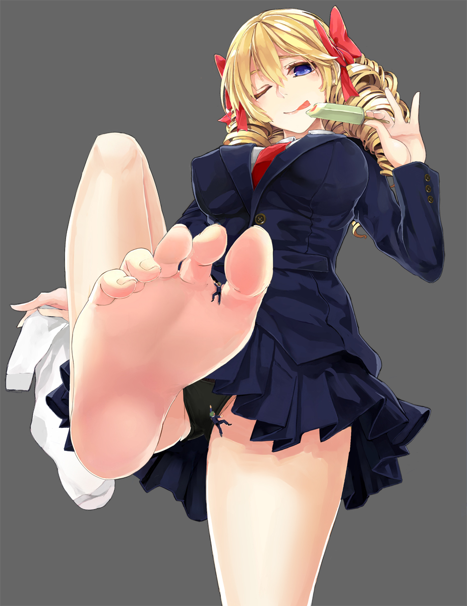 2boys :p bad_id bad_pixiv_id barefoot black_panties blonde_hair blue_eyes breasts buttons character_request covered_nipples drill_hair feet food giantess grey_background hair_ribbon highres holding holding_socks ice_cream large_breasts leg_up licking_lips long_hair miniboy multiple_boys necktie one_eye_closed panties popsicle pov_feet ribbon school_uniform shukushou_gakuen simple_background skirt smile soles sonnano toes tongue tongue_out underwear wiggling_toes
