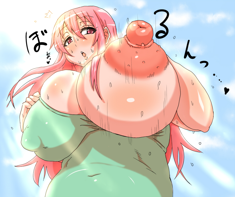 1girl areolae blush breast_slip breasts bursting_breasts covered_nipples erect_nipples female from_below huge_breasts huge_nipples large_areolae large_nipples long_hair nipples no_bra one_breast_out open_mouth pink_eyes pink_hair puffy_nipples sweat translated yosin
