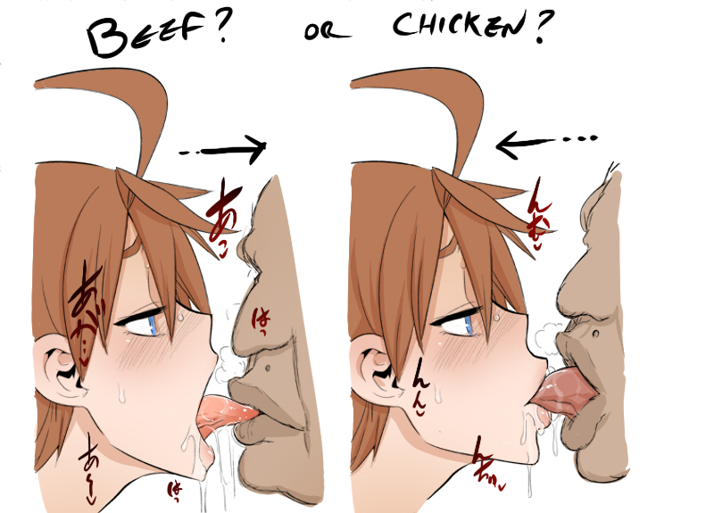 1girl ahoge bald blue_eyes breath brown_hair copyright_request drooling faceless hetero lips no_eyes profile saliva shindou_l tongue tongue_out tongue_suck ugly_man