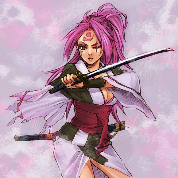 baiken guilty_gear hitsuki_(hiidukii) katana pink_hair scar solo sword weapon