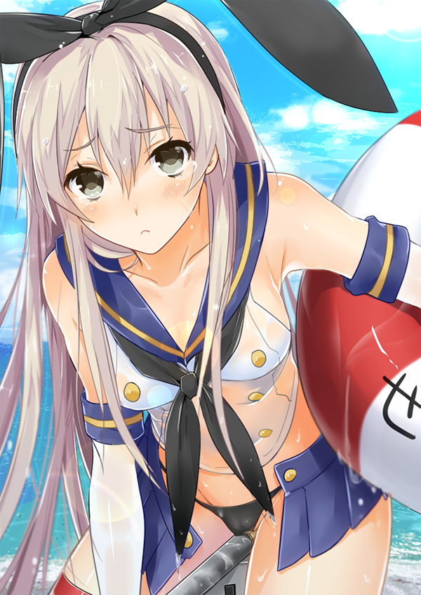 bad_id bad_pixiv_id banned_artist black_panties blonde_hair elbow_gloves gloves hairband kantai_collection lifebuoy long_hair looking_at_viewer okia open_clothes open_skirt panties rensouhou-chan shimakaze_(kantai_collection) skirt thighhighs underwear wet white_gloves