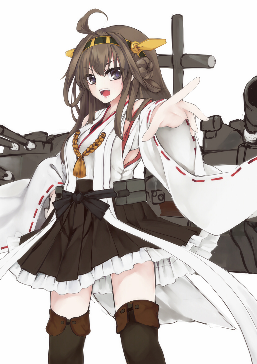 ahoge bare_shoulders blush boots breasts brown_hair detached_sleeves hair_ornament hairband headgear japanese_clothes kantai_collection kongou_(kantai_collection) long_hair looking_at_viewer medium_breasts outstretched_arm simple_background skirt smile solo thigh_boots thighhighs utakata_(kochou_no_yume) white_background wide_sleeves zettai_ryouiki