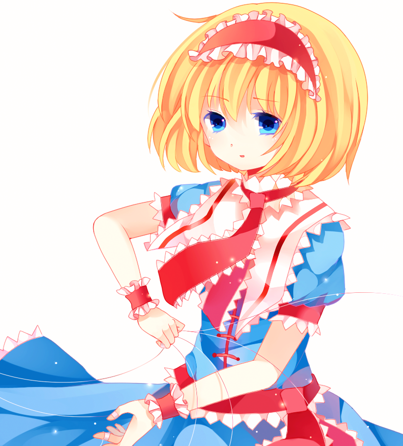 alice_margatroid bad_id bad_pixiv_id blonde_hair blue_eyes capelet dress hairband jewelry light_particles lolita_hairband looking_at_viewer moseley parted_lips puppet_rings puppet_strings ribbon ring sash short_hair short_sleeves simple_background solo touhou white_background wrist_cuffs