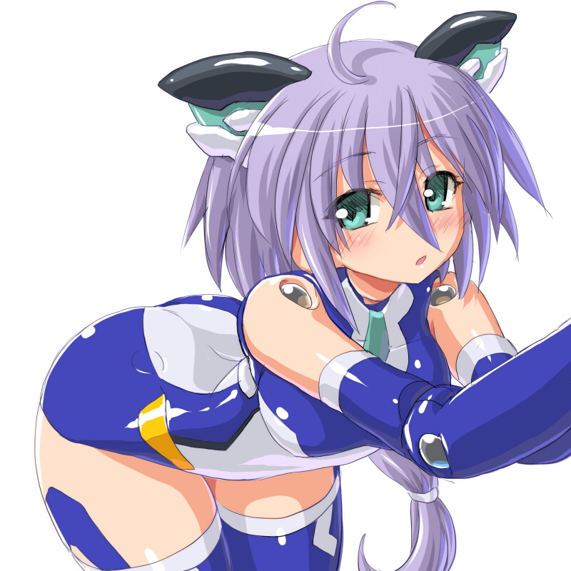 :o ahoge aqua_eyes bangs bare_shoulders bent_over blue_gloves blue_legwear blue_leotard blush breasts busou_shinki cowboy_shot dd_(ijigendd) doll_joints elbow_gloves from_side gloves grey_hair hair_between_eyes headgear leotard long_hair looking_at_viewer low-tied_long_hair medium_breasts open_mouth outstretched_arms simple_background solo thighhighs vervietta very_long_hair white_background white_leotard