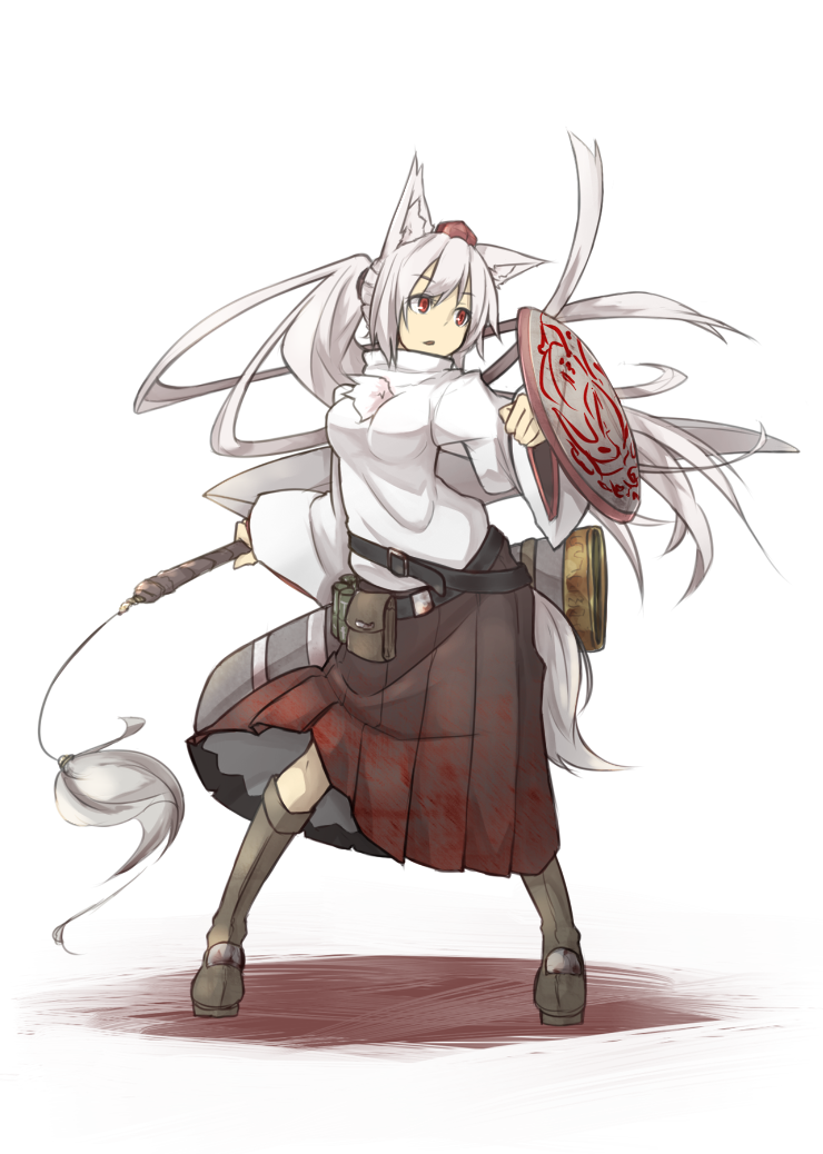 alternate_costume alternate_hair_length alternate_hairstyle animal_ears belt boots hat inubashiri_momiji long_hair ponytail pouch red_eyes ryota_tentei scabbard sheath shield skirt solo sword tail tokin_hat touhou unsheathed very_long_hair weapon white_hair wolf_ears wolf_tail