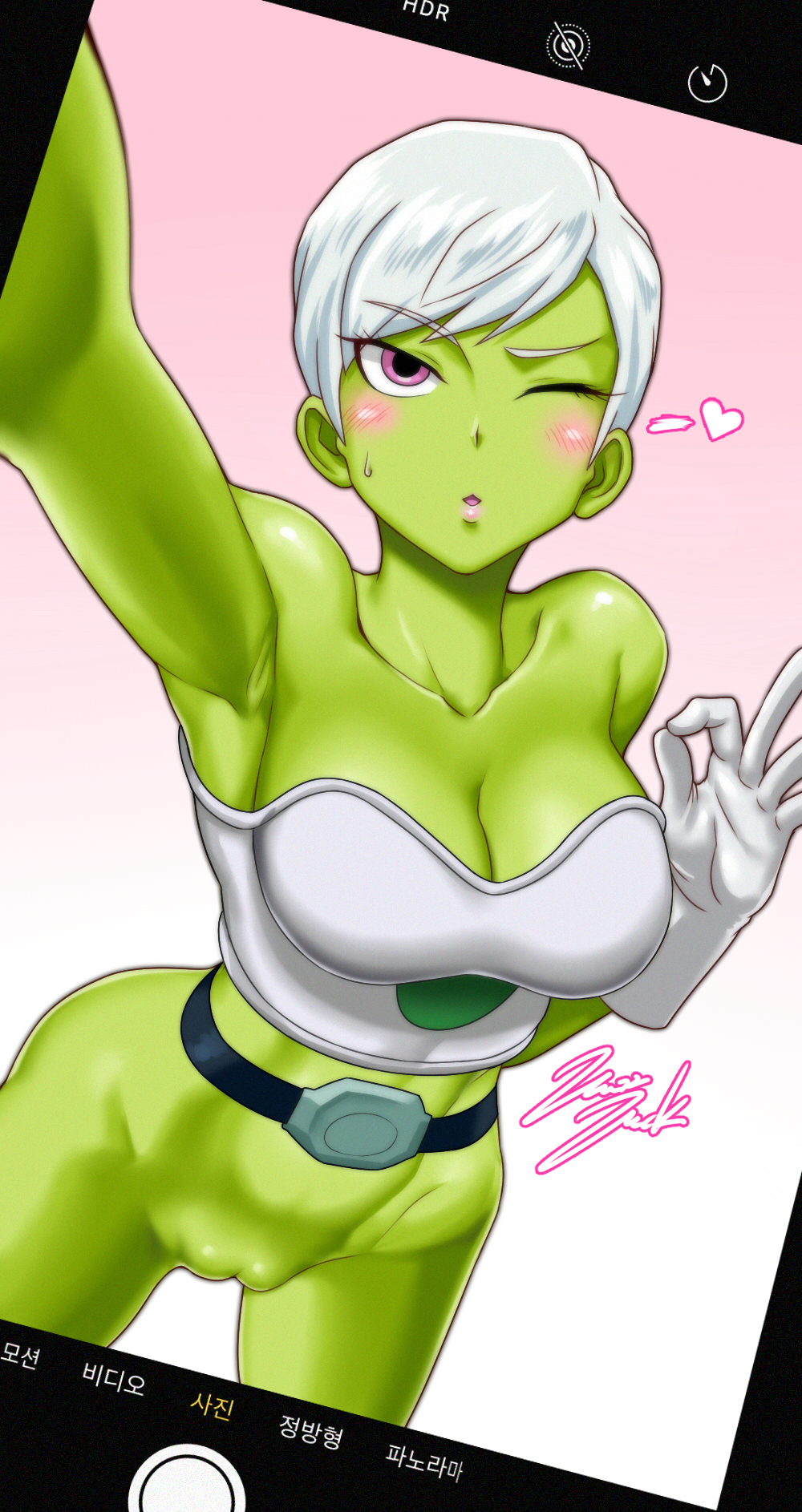 1girl ;o armpits belt blush_stickers breasts cheelai cleavage collarbone dragon_ball dragon_ball_super gloves green_skin heart highres jazzjack looking_at_viewer nipples one_eye_closed open_mouth outstretched_arm phone phone_screen purple_eyes pussy self_shot short_hair solo standing sweatdrop text_focus uncensored white_gloves white_hair