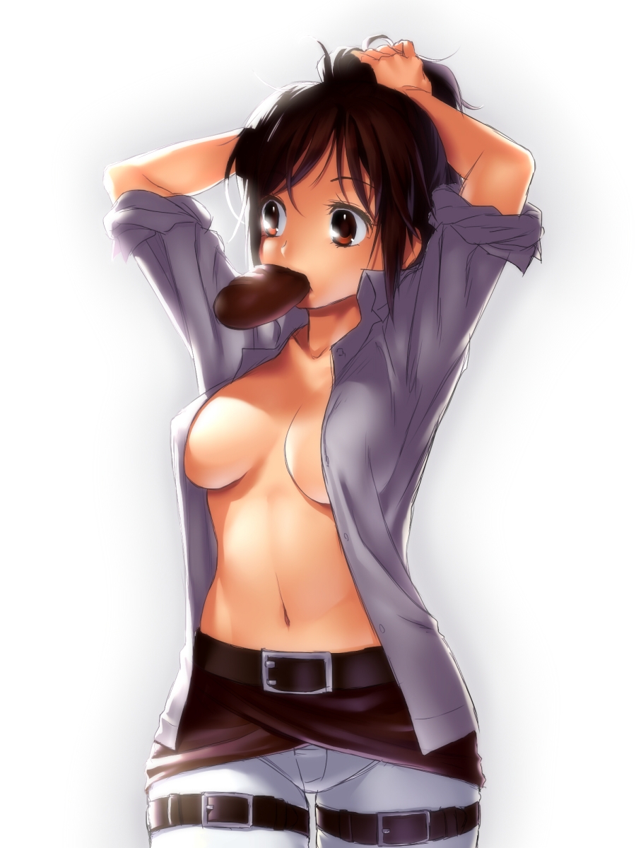 arms_up belt black_hair bread breasts brown_eyes brown_hair buckle dress_shirt food food_in_mouth hairdressing highres large_breasts mouth_hold navel no_bra onsoku_maru open_clothes open_shirt pants ponytail sasha_braus shingeki_no_kyojin shirt short_hair simple_background sleeves_rolled_up solo thigh_strap