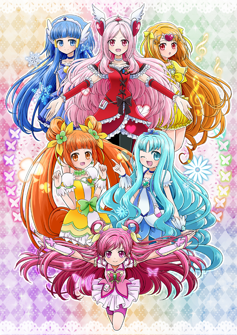 :d :o ;d aoki_reika argyle argyle_background bike_shorts blue_choker blue_eyes blue_hair blue_skirt bow brooch brown_eyes brown_hair bug butterfly choker club_(shape) cokata cure_beauty cure_dream cure_marine cure_muse_(yellow) cure_passion cure_rosetta curly_hair dokidoki!_precure double_bun dress flower fresh_precure! frills green_choker hair_bow hair_flower hair_ornament hair_ribbon hair_rings hair_tubes hairpin head_wings heart heart_hair_ornament heartcatch_precure! higashi_setsuna insect jewelry kurumi_erika long_hair magical_girl multiple_girls one_eye_closed open_mouth outstretched_arms pink_eyes pink_hair precure rainbow_background rainbow_order red_eyes ribbon shirabe_ako shorts shorts_under_skirt sidelocks skirt smile smile_precure! snowflakes spread_arms suite_precure tiara treble_clef twintails white_choker wrist_cuffs yellow_bow yes!_precure_5 yotsuba_alice yumehara_nozomi