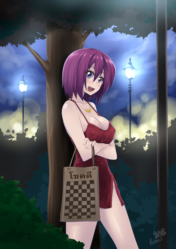 :d artist_name bag breasts butter-t commentary covered_nipples dress jewelry lamppost medium_breasts necklace night no_panties open_mouth original park prostitution purple_eyes purple_hair short_hair smile thai thighs translated tree