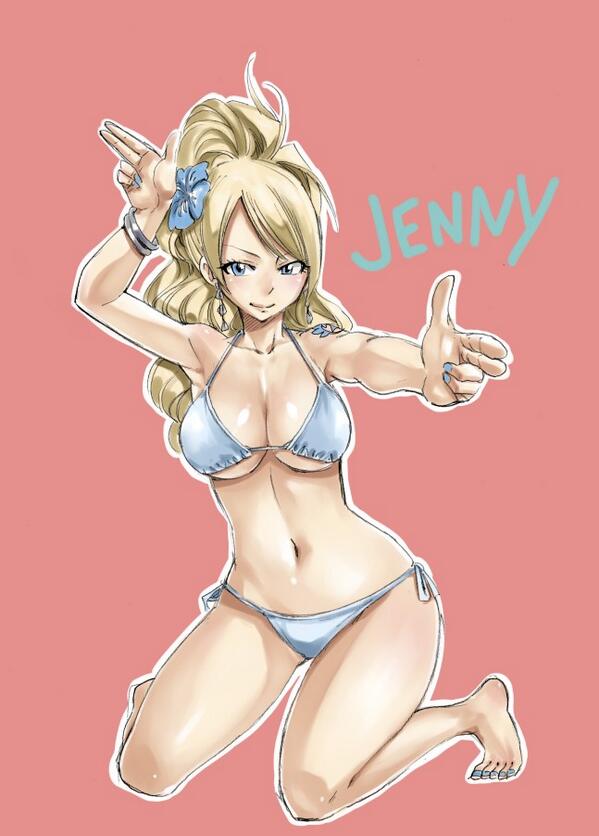 1girl barefoot bikini blonde_hair breasts character_name curvy fairy_tail feet flower jenny_realight large_breasts mashima_hiro nail_polish official_art solo swimsuit underboob