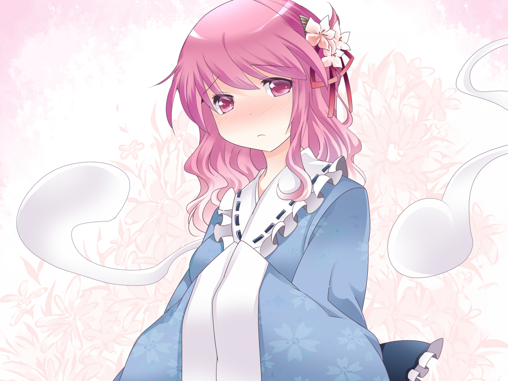 alternate_hair_length alternate_hairstyle bad_id bad_pixiv_id breasts floral_background floral_print flower hair_flower hair_ornament hair_ribbon hammer_(sunset_beach) hitodama japanese_clothes long_hair long_sleeves medium_breasts no_hat no_headwear obi pink_eyes pink_hair ribbon saigyouji_yuyuko sash touhou wide_sleeves