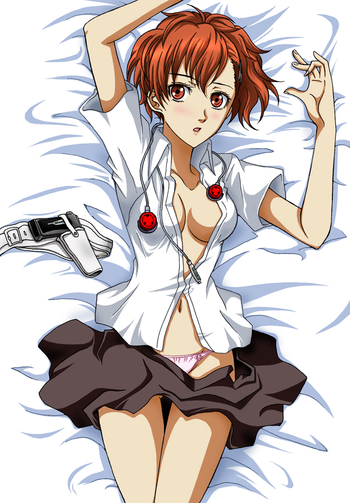 blush breasts brown_eyes brown_hair female_protagonist_(persona_3) gun hanzou headphones holster looking_at_viewer lying medium_breasts navel open_clothes open_mouth open_shirt panties persona persona_3 persona_3_portable ponytail shirt solo underwear weapon