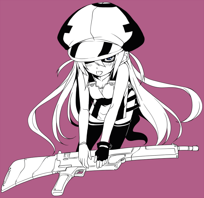 :p bad_id bad_pixiv_id copyright_request gloves gun hat long_hair monochrome purple_background simple_background solo take_shinobu tongue tongue_out very_long_hair weapon