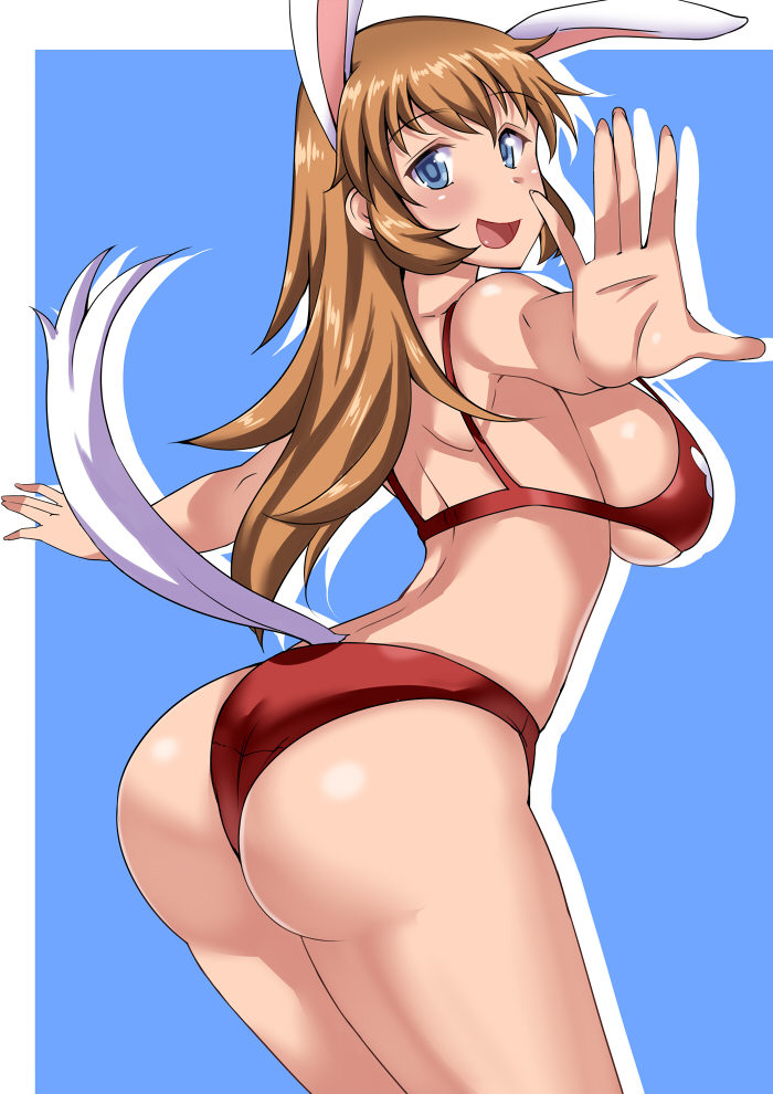 animal_ears ass bare_shoulders bikini blue_background blue_eyes blush breasts bunny_ears charlotte_e_yeager from_behind komusou_(jinrikisha) large_breasts long_hair looking_back orange_hair outline outstretched_arms simple_background smile solo spread_arms strike_witches swimsuit tail underboob world_witches_series