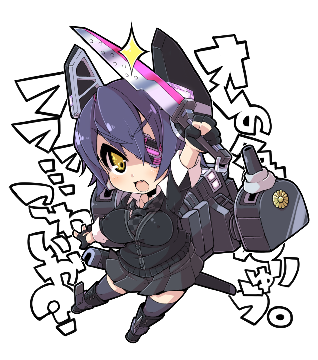 :3 breasts chibi eyepatch fang gloves kantai_collection large_breasts left-handed necktie purple_hair rikumaru robot_ears solo sword tenryuu_(kantai_collection) thighhighs weapon yellow_eyes zettai_ryouiki