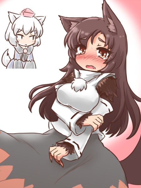 [] animal_ears blush breasts brown_eyes brown_hair chibi cosplay costume_switch detached_sleeves embarrassed fang fur hat imaizumi_kagerou imaizumi_kagerou_(cosplay) inubashiri_momiji inubashiri_momiji_(cosplay) large_breasts long_hair multiple_girls nail_polish open_mouth red_nails tail tears tokin_hat touhou werewolf white_hair wolf_ears wolf_tail
