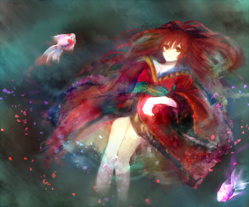 af-helen animal bare_legs expressionless fish japanese_clothes kimono koi long_hair mahou_shoujo_madoka_magica ophelia_(madoka_magica) ophelia_(painting) personification ponytail red_eyes red_hair sakura_kyouko solo water witch_(madoka_magica)
