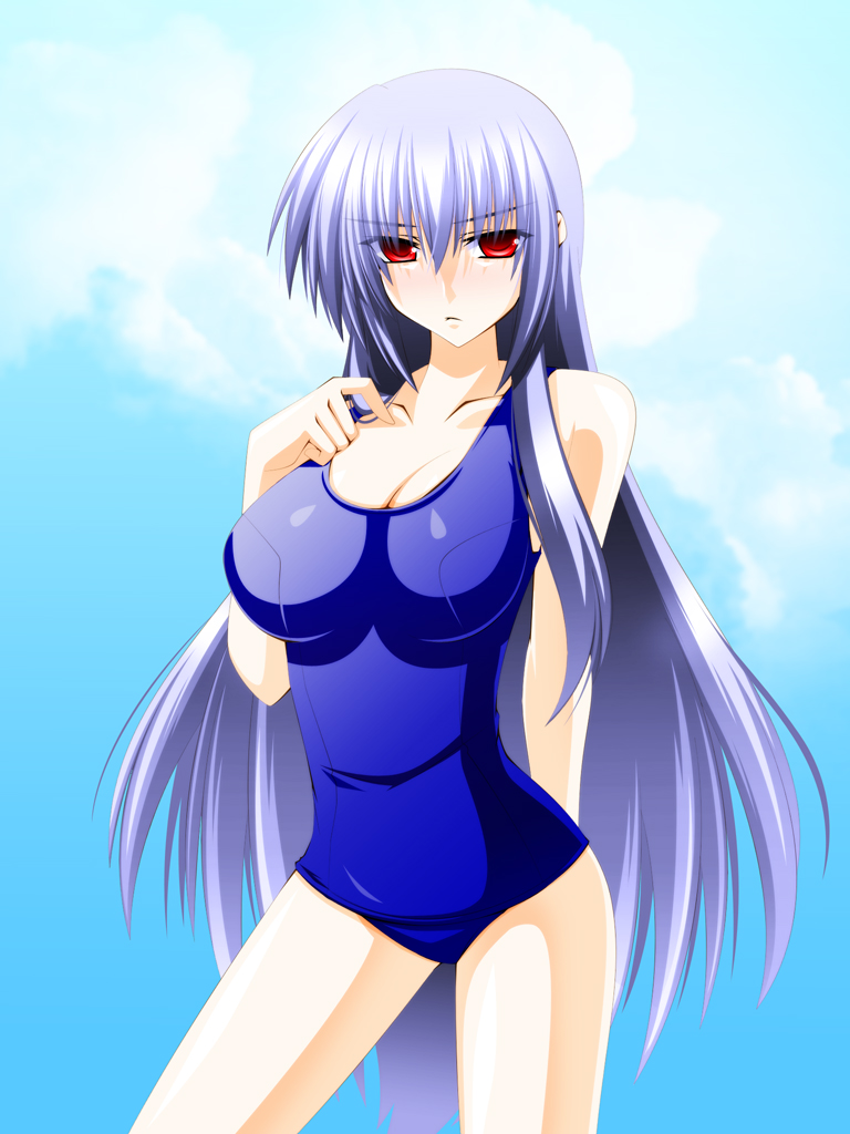 blue_hair blue_swimsuit breasts cleavage engo_(aquawatery) kamishirasawa_keine large_breasts long_hair no_hat no_headwear one-piece_swimsuit red_eyes ribbon school_swimsuit silver_hair solo swimsuit touhou