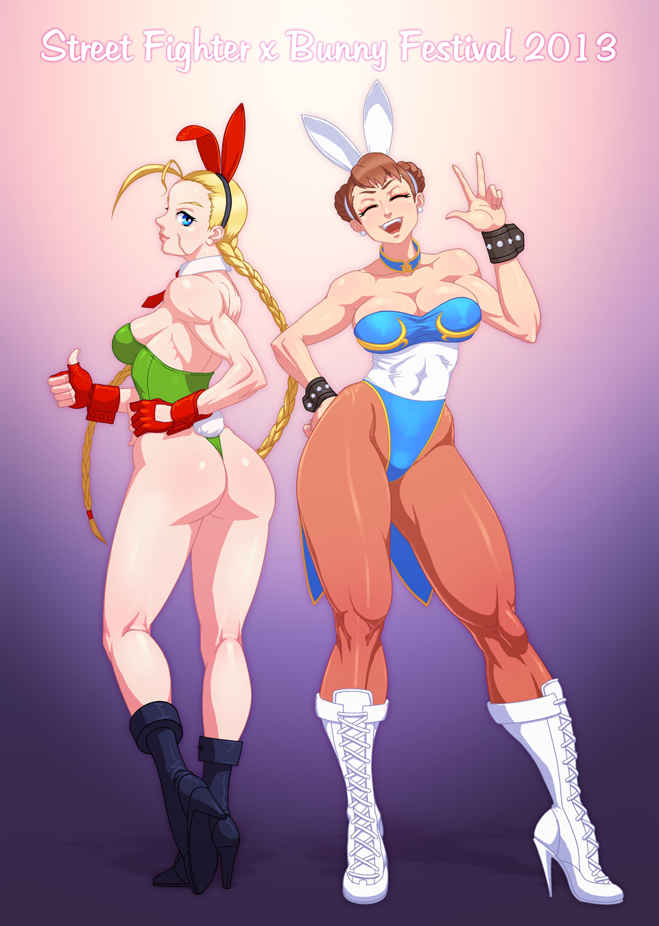 ^_^ adapted_costume animal_ears antenna_hair ass bare_legs bare_shoulders blonde_hair blue_eyes boots braid breasts brown_hair bunny_ears bunny_girl bunnysuit cammy_white choker chun-li cleavage closed_eyes cross-laced_footwear detached_collar double_bun earrings fake_animal_ears fingerless_gloves gloves green_leotard hand_on_hip high_heels highres jewelry josef_axner knee_boots lace-up_boots large_breasts legs leotard lips long_hair long_legs multiple_girls muscle muscular_female necktie pantyhose pelvic_curtain sash scar short_hair smile stiletto_heels street_fighter studded_bracelet thick_thighs thighs thong_leotard thumbs_up twin_braids v wrist_cuffs