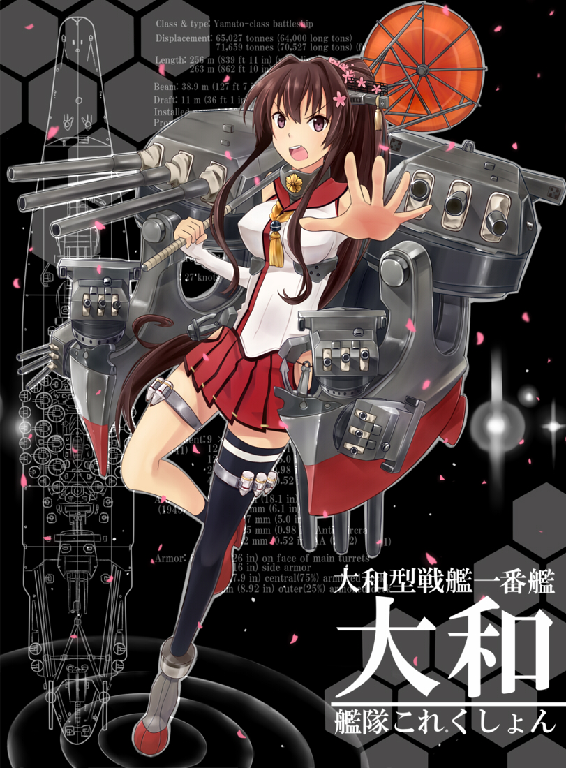 breasts brown_hair character_profile cherry_blossoms flower hair_flower hair_intakes hair_ornament honeycomb_(pattern) honeycomb_background ido_(teketeke) japanese_clothes kantai_collection large_breasts long_hair looking_at_viewer miniskirt open_mouth oriental_umbrella ponytail single_thighhigh skirt solo thigh_strap thighhighs umbrella yamato_(kantai_collection)
