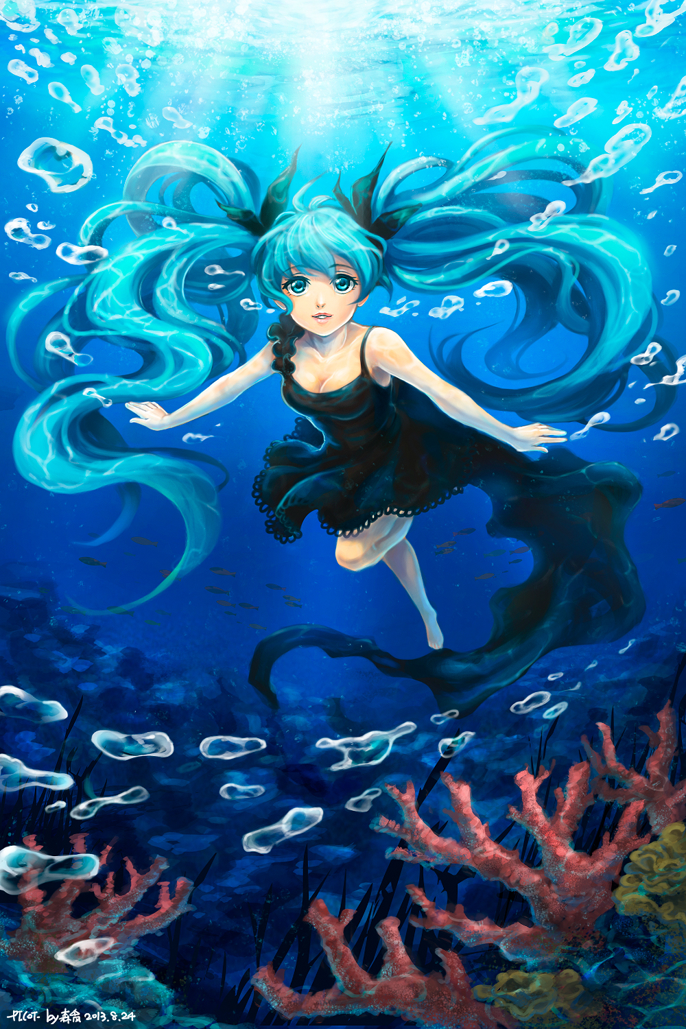 2013 aqua_eyes aqua_hair artist_name barefoot bubble coral darkblue1112 dated dress freediving hatsune_miku highres long_hair shinkai_shoujo_(vocaloid) solo submerged swimming twintails underwater very_long_hair vocaloid wet wet_clothes