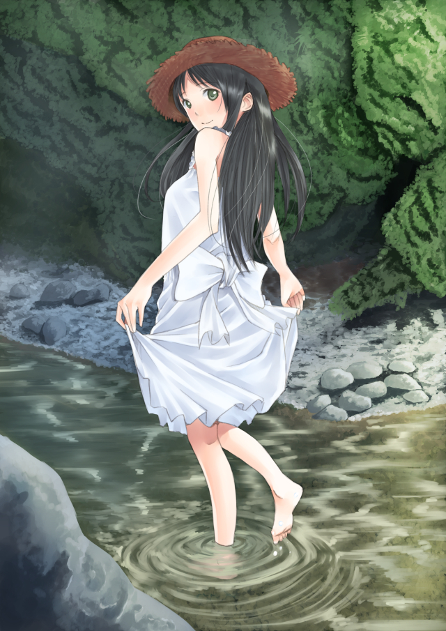 barefoot black_hair dress green_eyes hat hirano_(fireworks) long_hair looking_back original river smile solo wading water