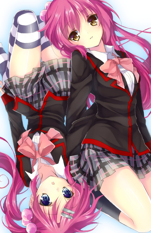 blue_eyes bow brown_eyes colorized futaki_kanata little_busters! long_hair lying multiple_girls niina pink_bow purple_hair saigusa_haruka sakura_neko school_uniform striped striped_legwear thighhighs