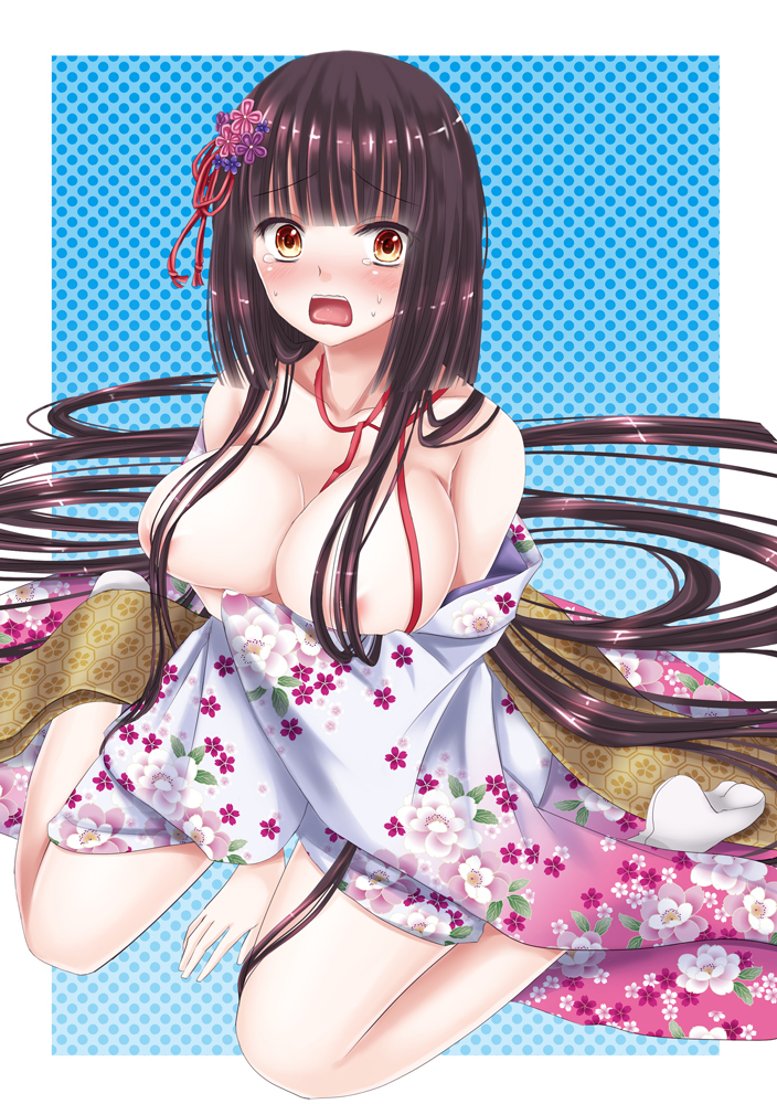 areolae black_hair blush breast_hold breasts brown_eyes floral_print hair_ornament hair_over_breasts itsumoto_hiroharu japanese_clothes kimono large_breasts long_hair nipples open_mouth original sitting solo tabi tears very_long_hair wariza white_legwear