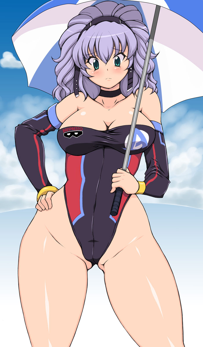 aqua_centolm breasts choker cleavage detached_sleeves green_eyes hand_on_hip highleg highleg_leotard kihaiu large_breasts leotard purple_hair race_queen super_robot_wars super_robot_wars_mx thigh_gap umbrella wide_hips