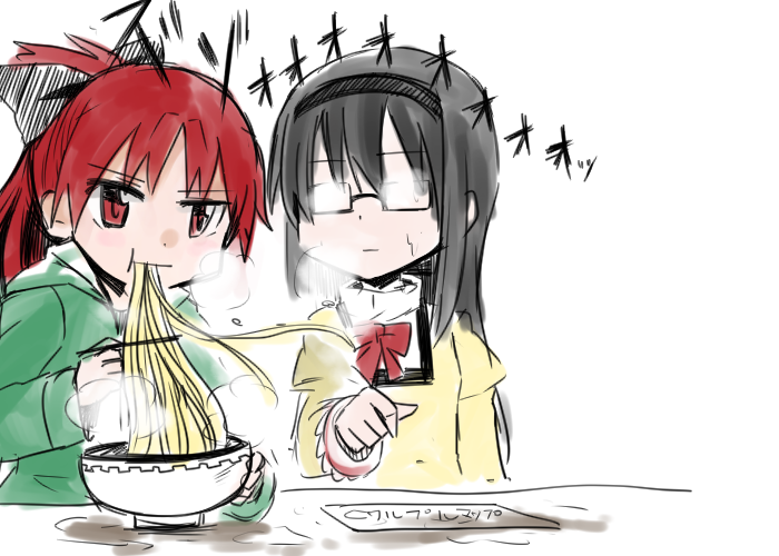 2girls akemi_homura black_hair dental eating food glasses mahou_shoujo_madoka_magica multiple_girls noodles pixiv_manga_sample red_eyes red_hair sakura_kyouko school_uniform white_background