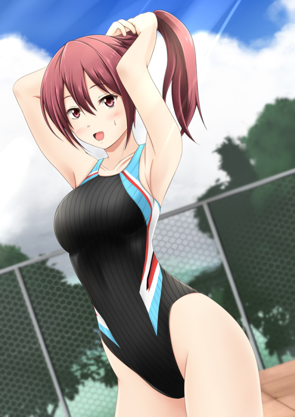 arms_up competition_swimsuit free! fuuma_nagi long_hair matsuoka_gou one-piece_swimsuit ponytail red_eyes red_hair swimsuit