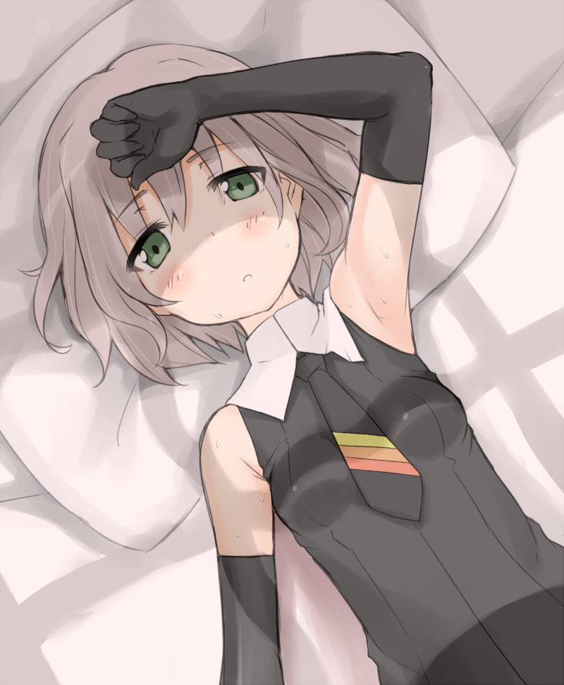 arm_up armpits bad_id bad_pixiv_id bed blush dust_box elbow_gloves gloves green_eyes grey_hair lying necktie parted_lips pillow sanya_v_litvyak short_hair sleeveless solo strike_witches sweat world_witches_series