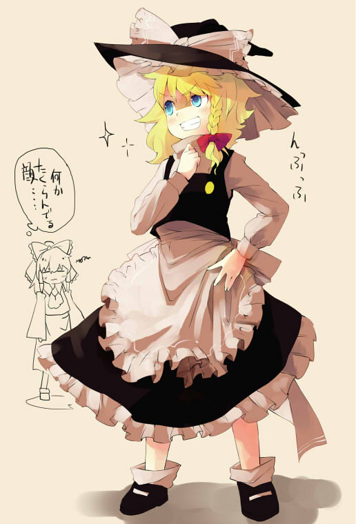 apron blonde_hair blue_eyes bow braid buttons grin hair_ribbon hakurei_reimu hat hat_bow hat_ribbon kirisame_marisa multiple_girls petticoat ribbon side_braid skirt skirt_set smile socks taker_(flamestorm) touhou translated waist_apron white_bow witch_hat